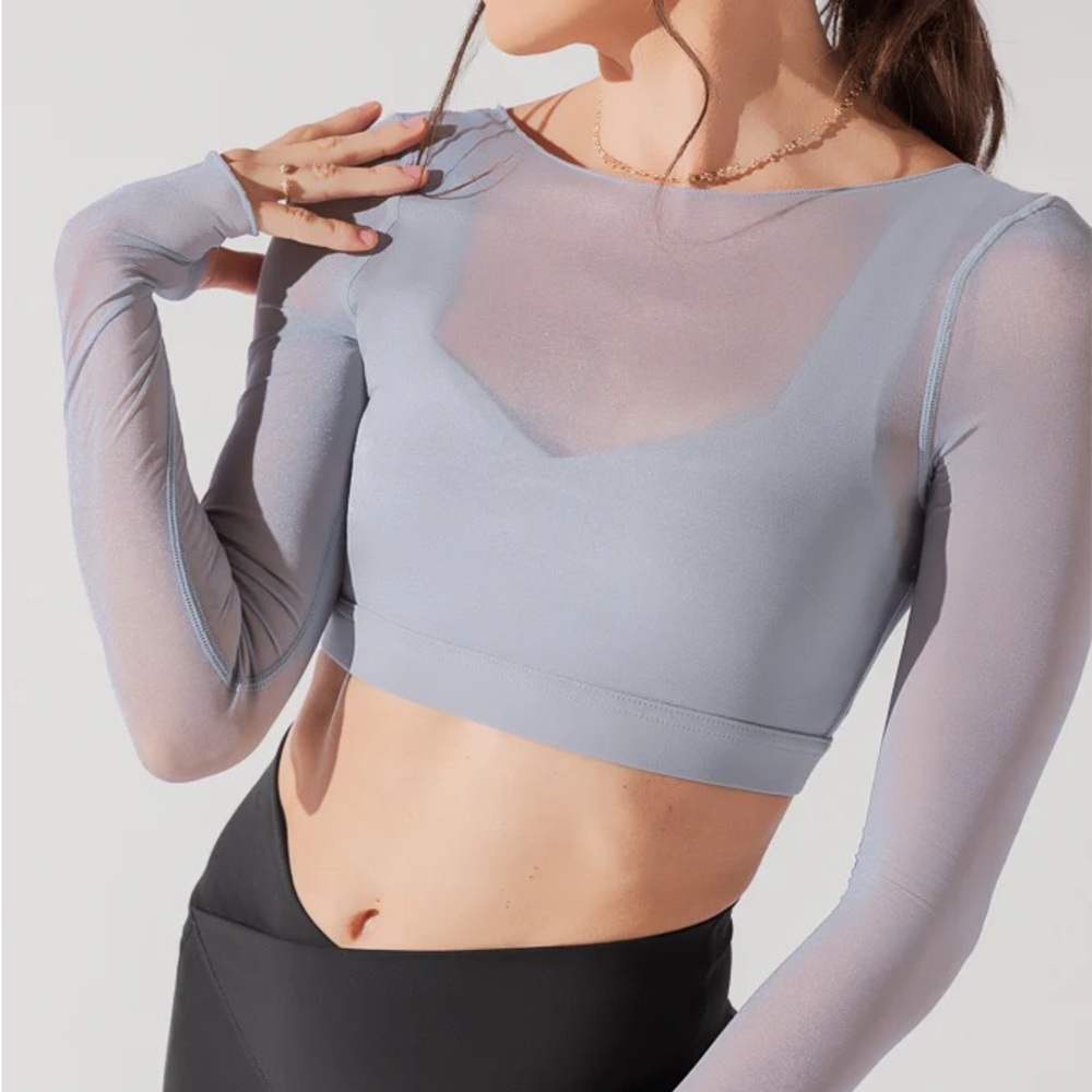 Popflex Active Coquette Long Sleeve Mesh Bra - Blue Stone, size Small